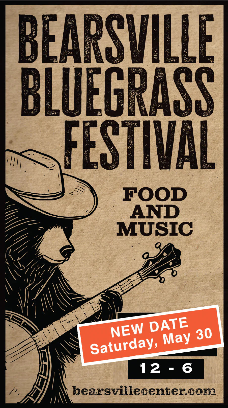 Poster of Bluegrass music festival announcing new date Saturday May 30th