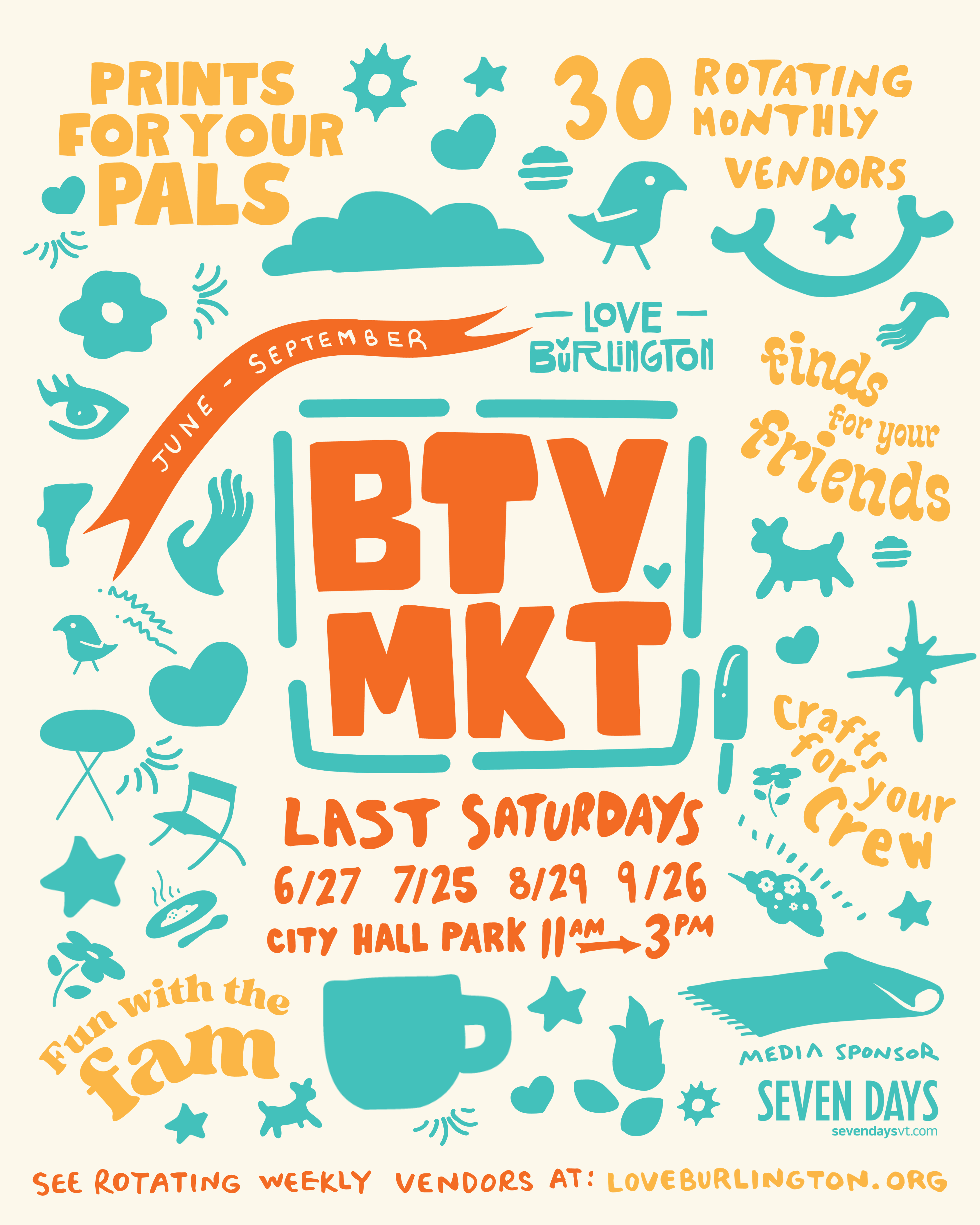 Burlington Market poster with dates showing 6/27 7/25 8/29 and 9/26