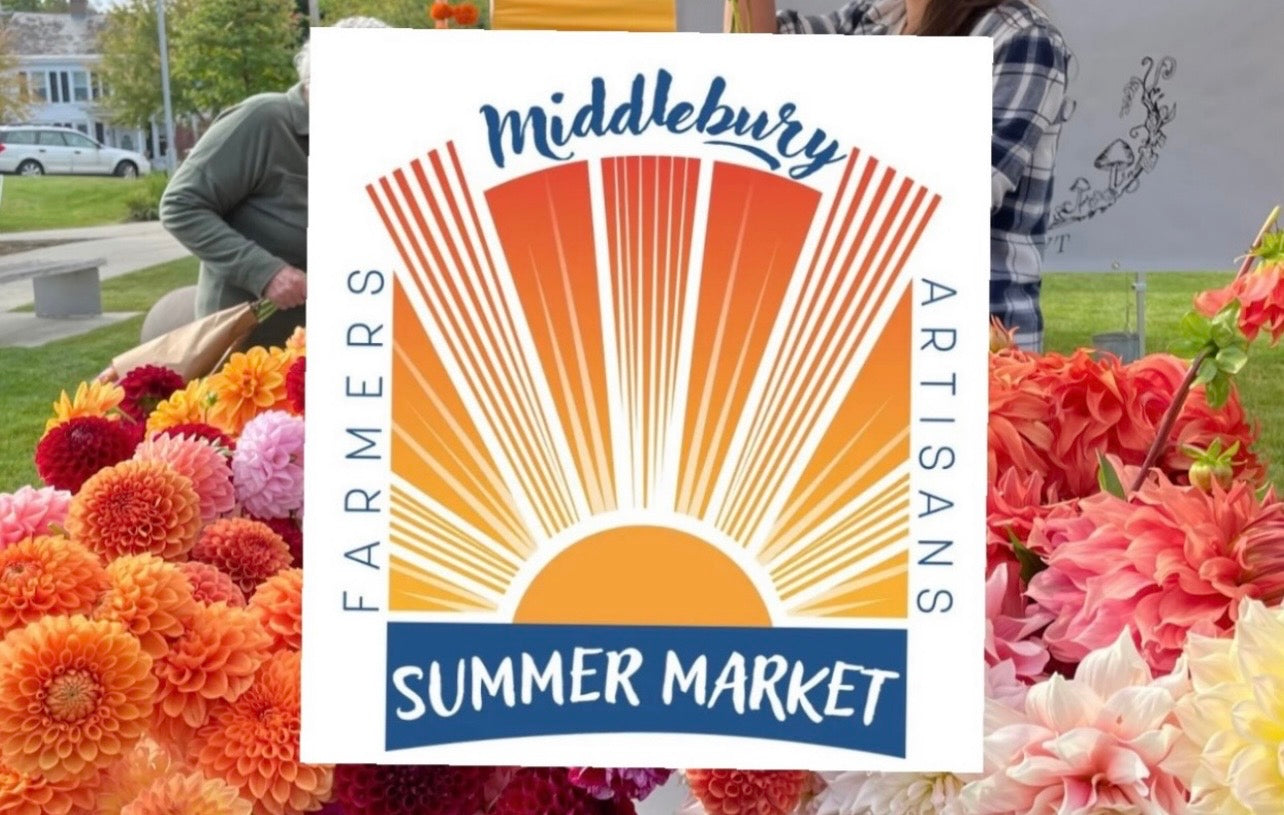 Midd Summer Market sunbeams logo with floral background
