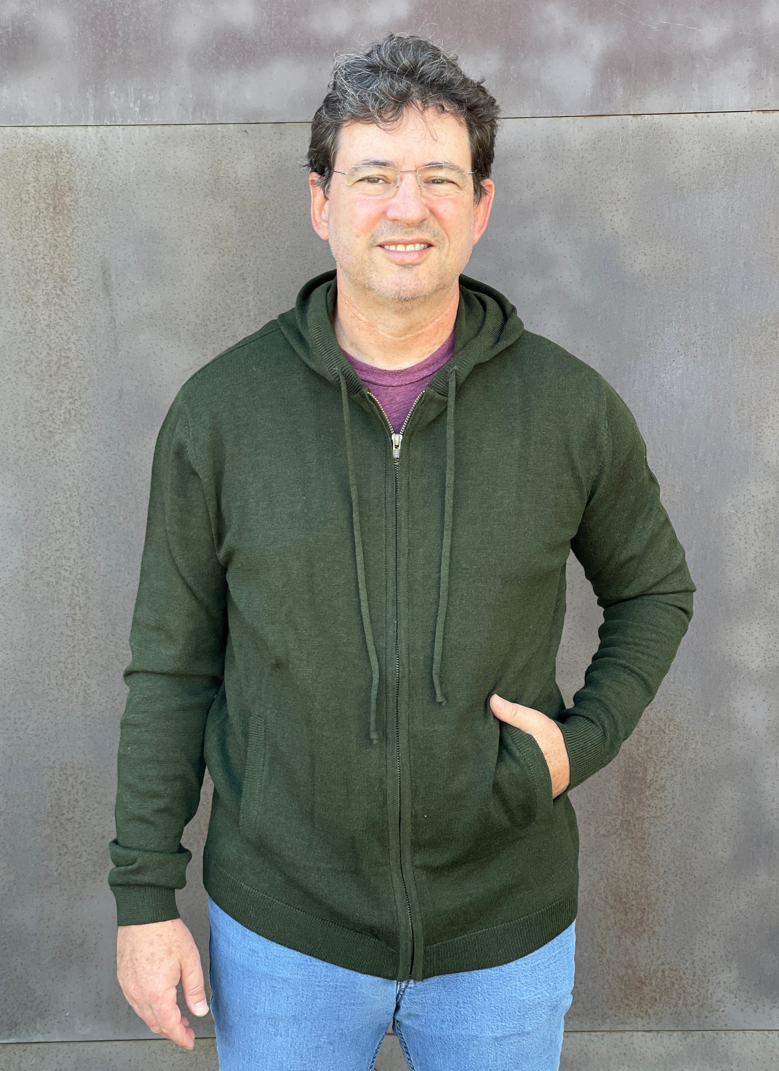 Cotton full zip hoodie with cotton scarf wrapped around man's neck in wintery scene
