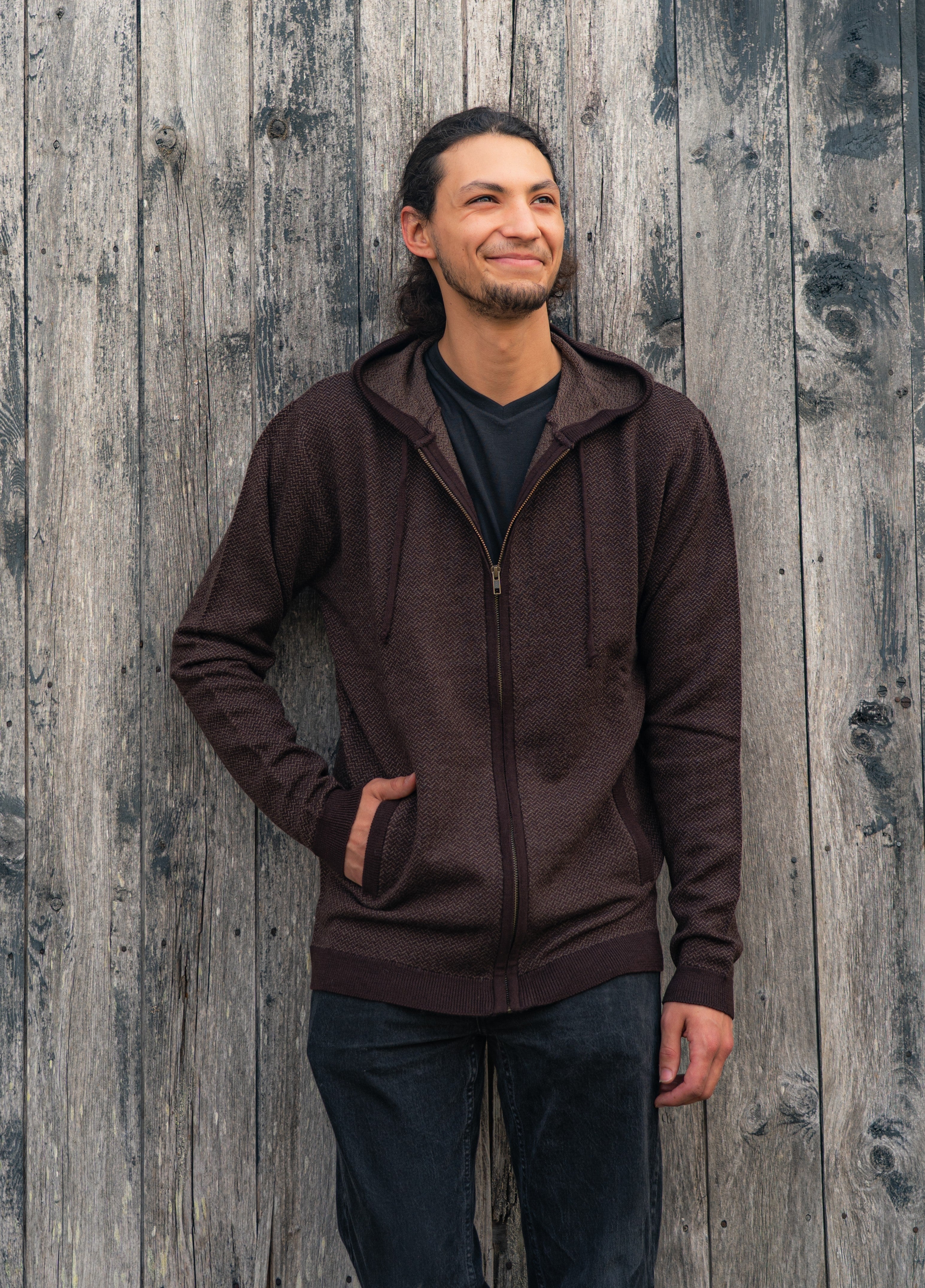 Cotton full zip hoodie with cotton scarf wrapped around man's neck in wintery scene